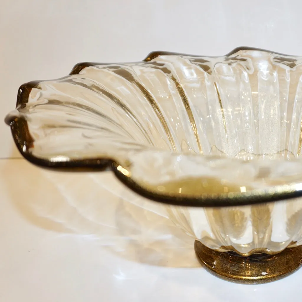 Italian Gold Dust Crystal Murano Glass Scalloped Centerpiece/Bowl with Black Rim