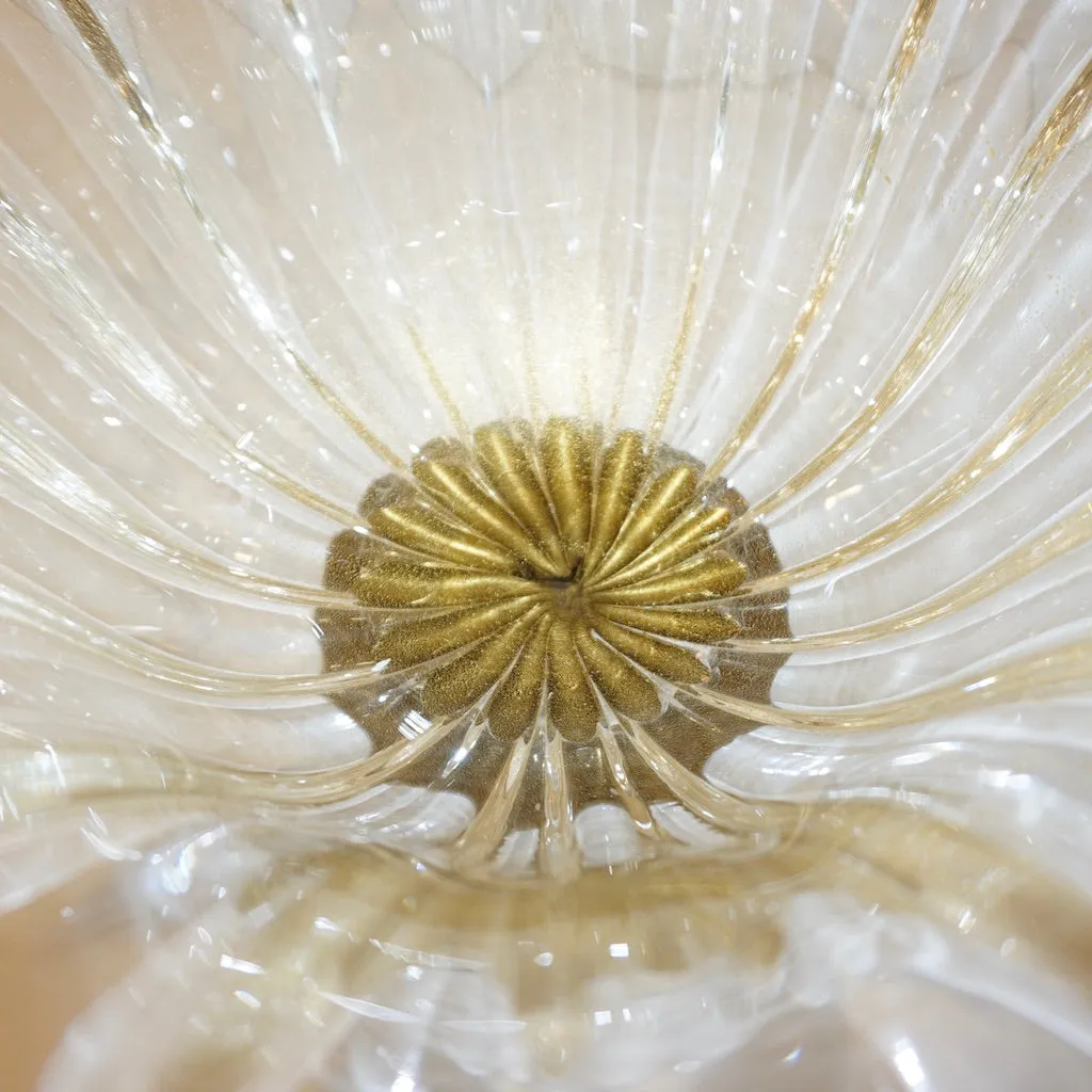 Italian Gold Dust Crystal Murano Glass Scalloped Centerpiece/Bowl with Black Rim