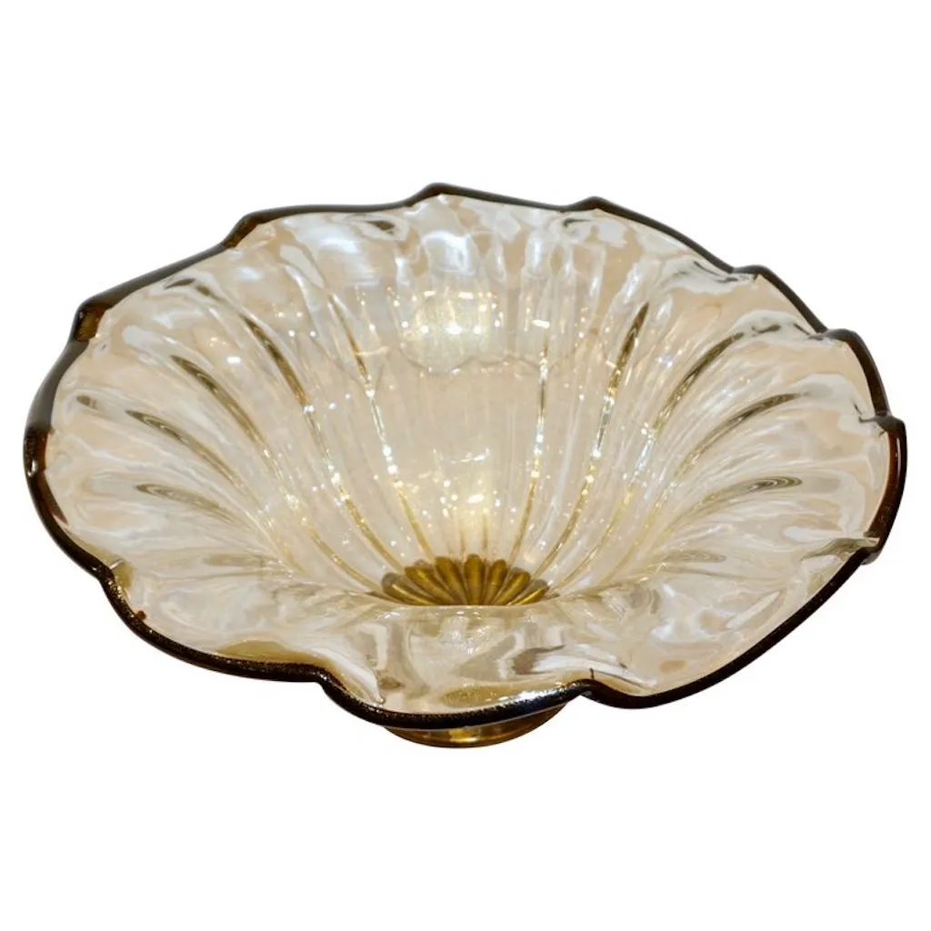 Italian Gold Dust Crystal Murano Glass Scalloped Centerpiece/Bowl with Black Rim 
