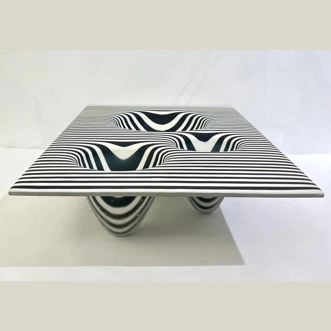 Italian Modern Art Black White Stripe Murano Glass Organic Vase Centerpiece