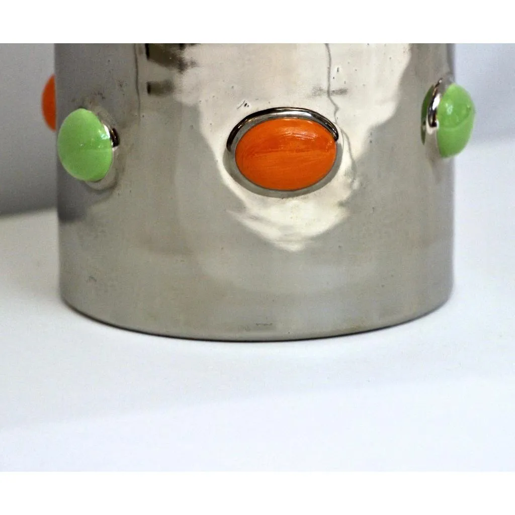 Italian Modern Silver Platinum White Majolica Crown Vase with Orange Green Dots