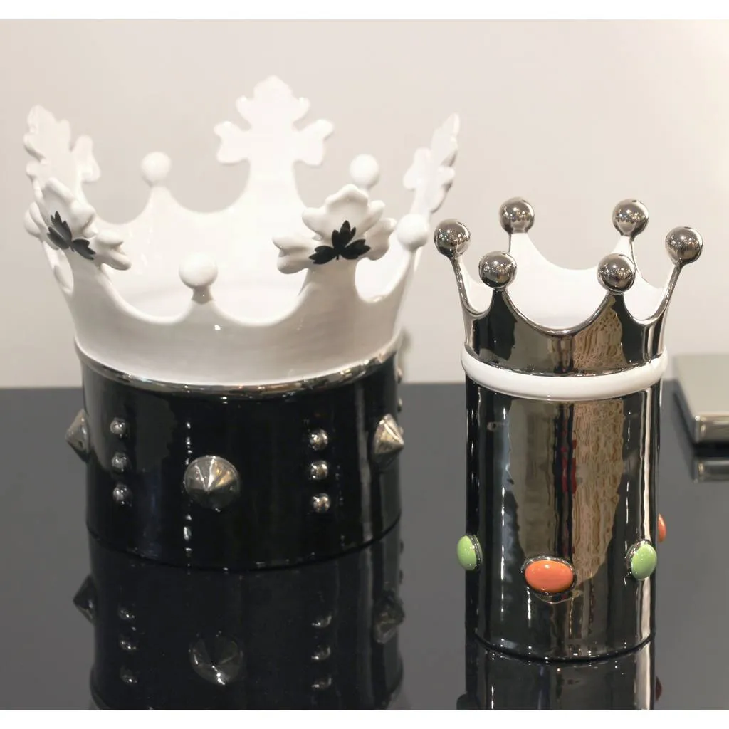 Italian Modern Silver Platinum White Majolica Crown Vase with Orange Green Dots