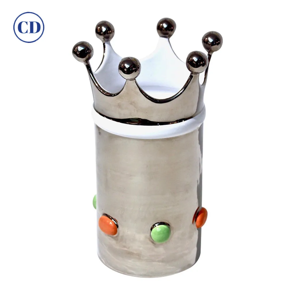 Italian Modern Silver Platinum White Majolica Crown Vase with Orange Green Dots 