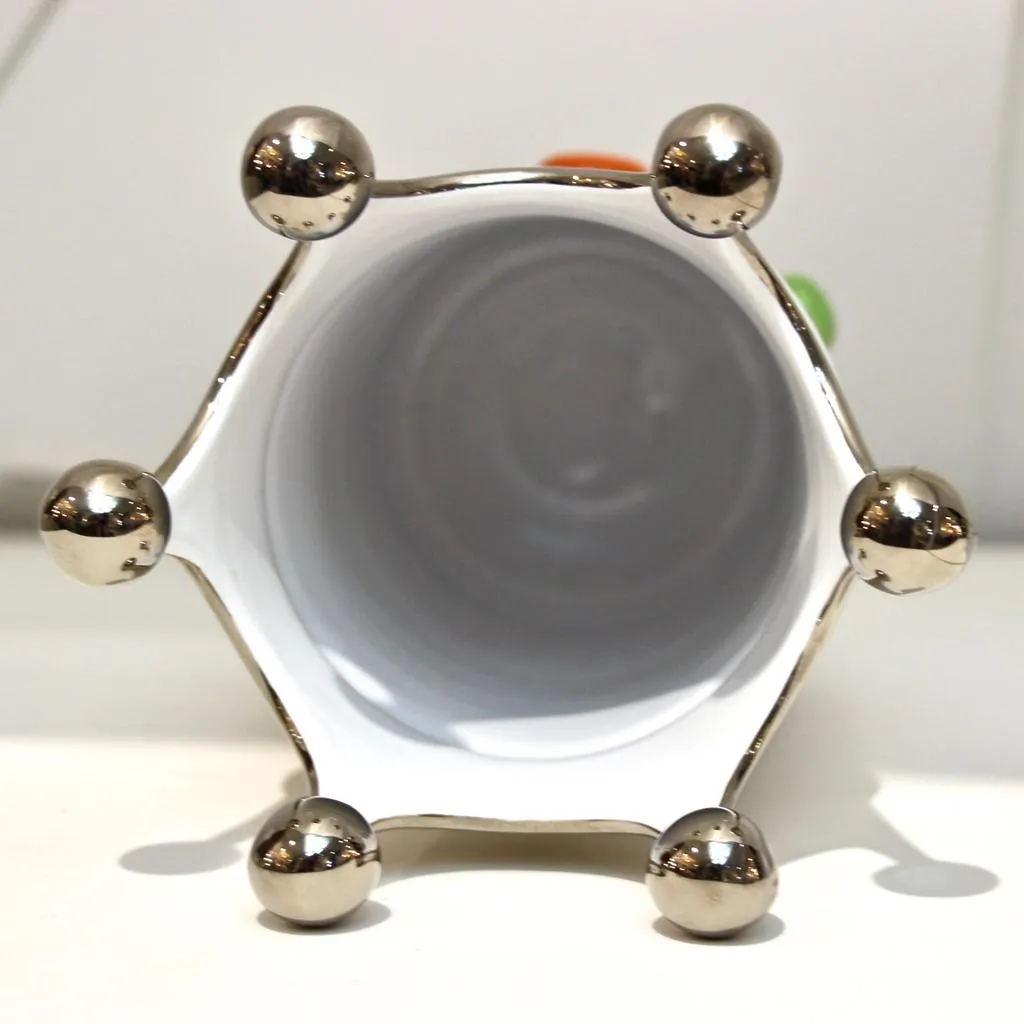 Italian Modern Silver Platinum White Majolica Crown Vase with Orange Green Dots