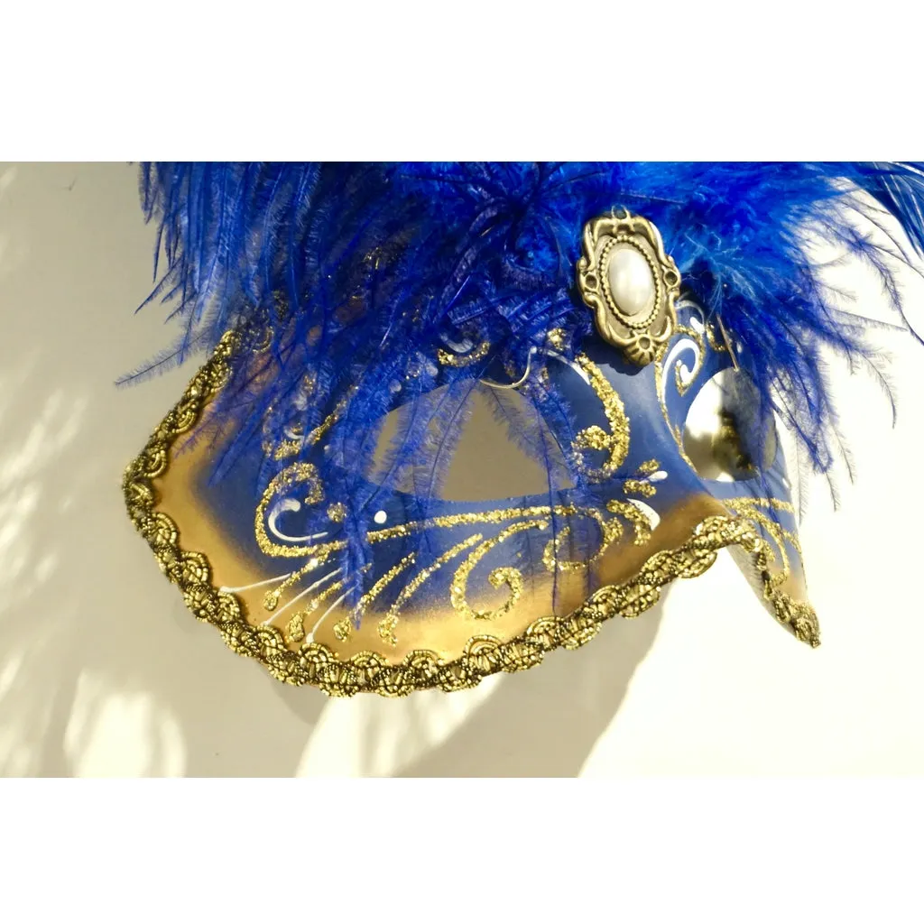 Italian Modern Venetian Handmade Blue and Gold Carnival Mask with Feathers