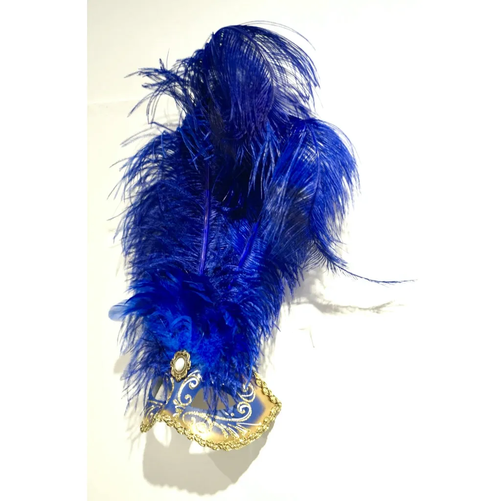 Italian Modern Venetian Handmade Blue and Gold Carnival Mask with Feathers