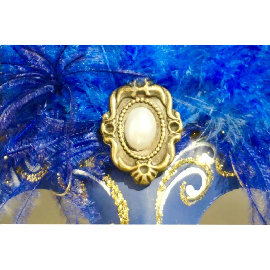 Italian Modern Venetian Handmade Blue and Gold Carnival Mask with Feathers