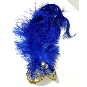 Italian Modern Venetian Handmade Blue and Gold Carnival Mask with Feathers 