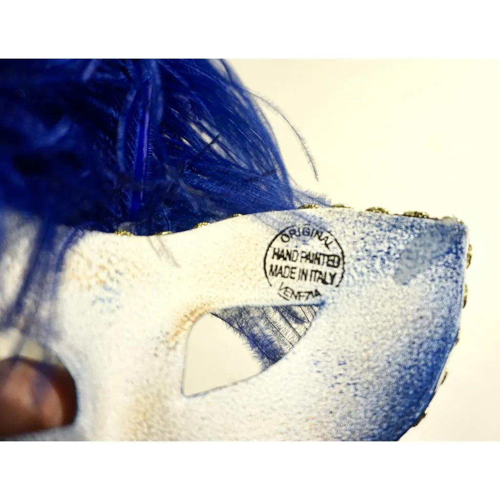 Italian Modern Venetian Handmade Blue and Gold Carnival Mask with Feathers