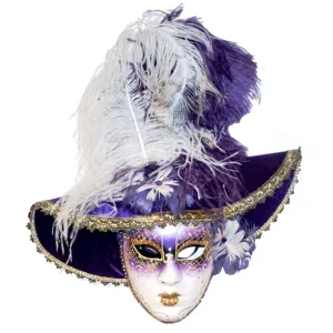 Italian Modern Venetian Handmade Carnival Purple and Gold Mask with Fabric Hat and Feathers 