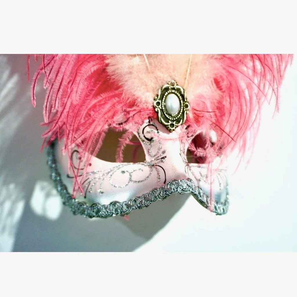 Italian Modern Venetian Handmade Pink and Silver Carnival Mask with Feathers