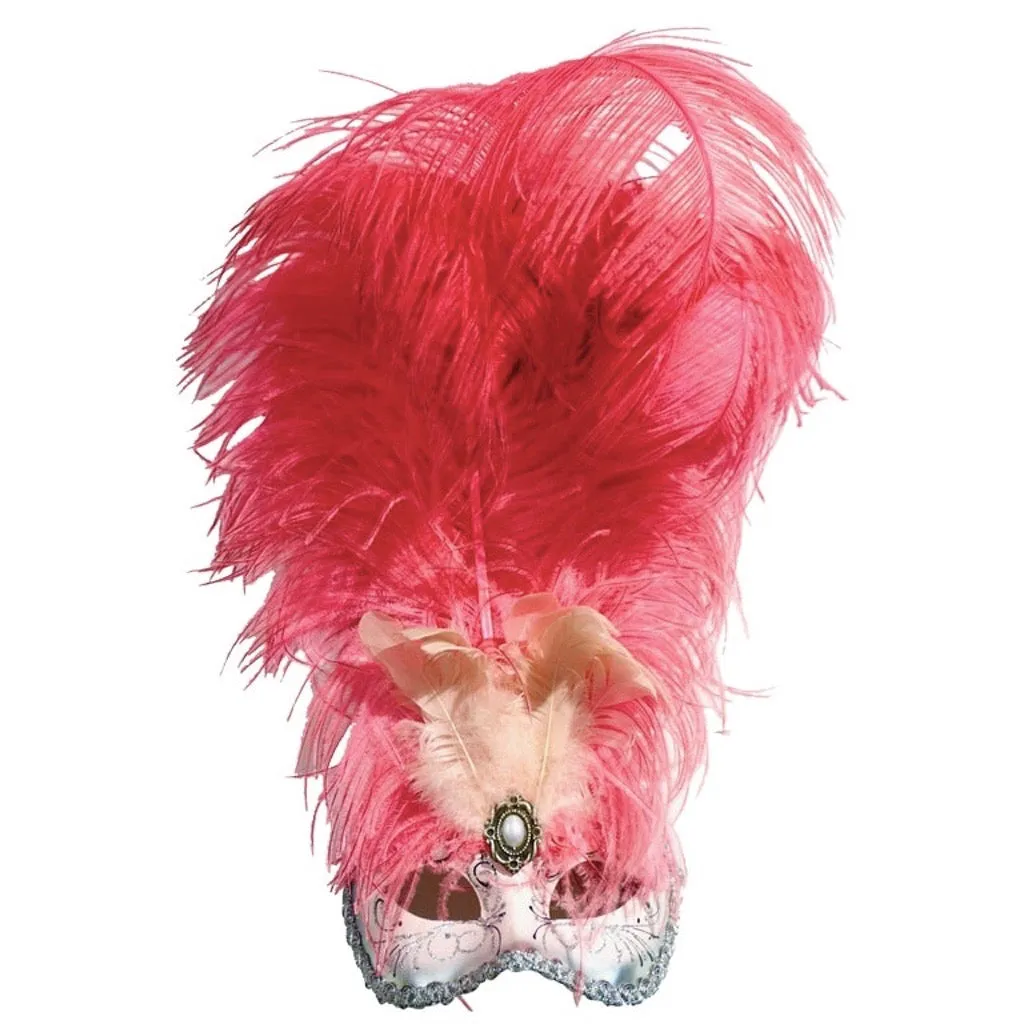 Italian Modern Venetian Handmade Pink and Silver Carnival Mask with Feathers 