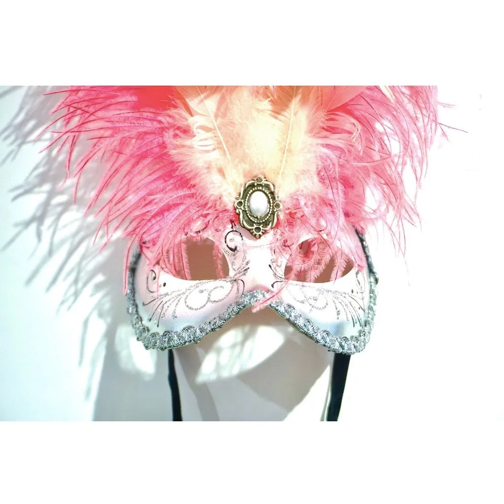 Italian Modern Venetian Handmade Pink and Silver Carnival Mask with Feathers