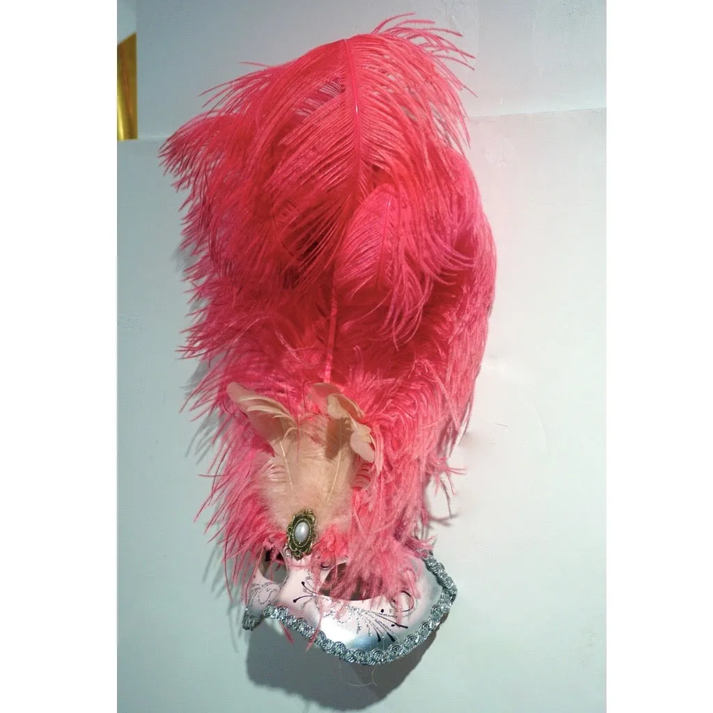 Italian Modern Venetian Handmade Pink and Silver Carnival Mask with Feathers