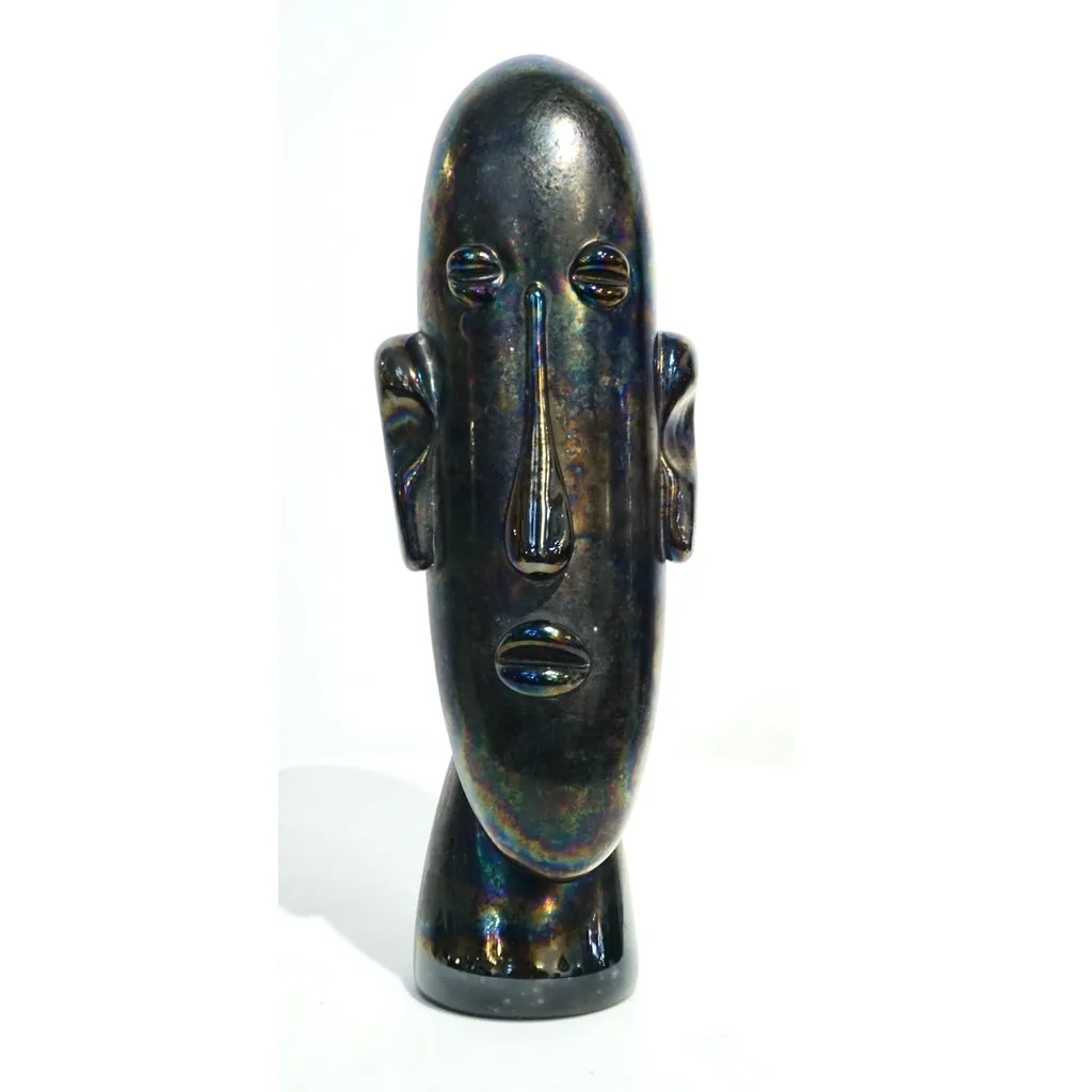 Italian Modernist Black Iridescent Murano Glass Sculpture in the Shape of a Head
