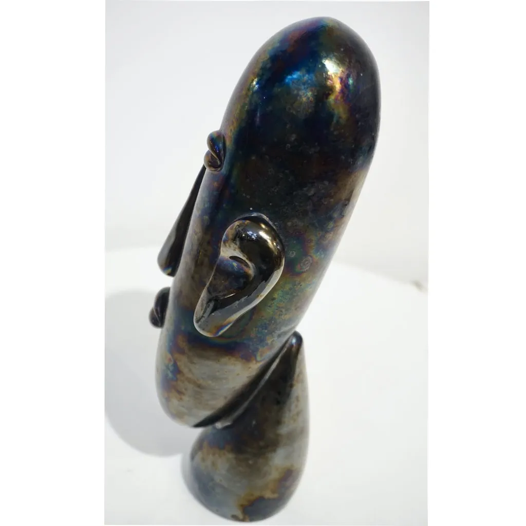 Italian Modernist Black Iridescent Murano Glass Sculpture in the Shape of a Head