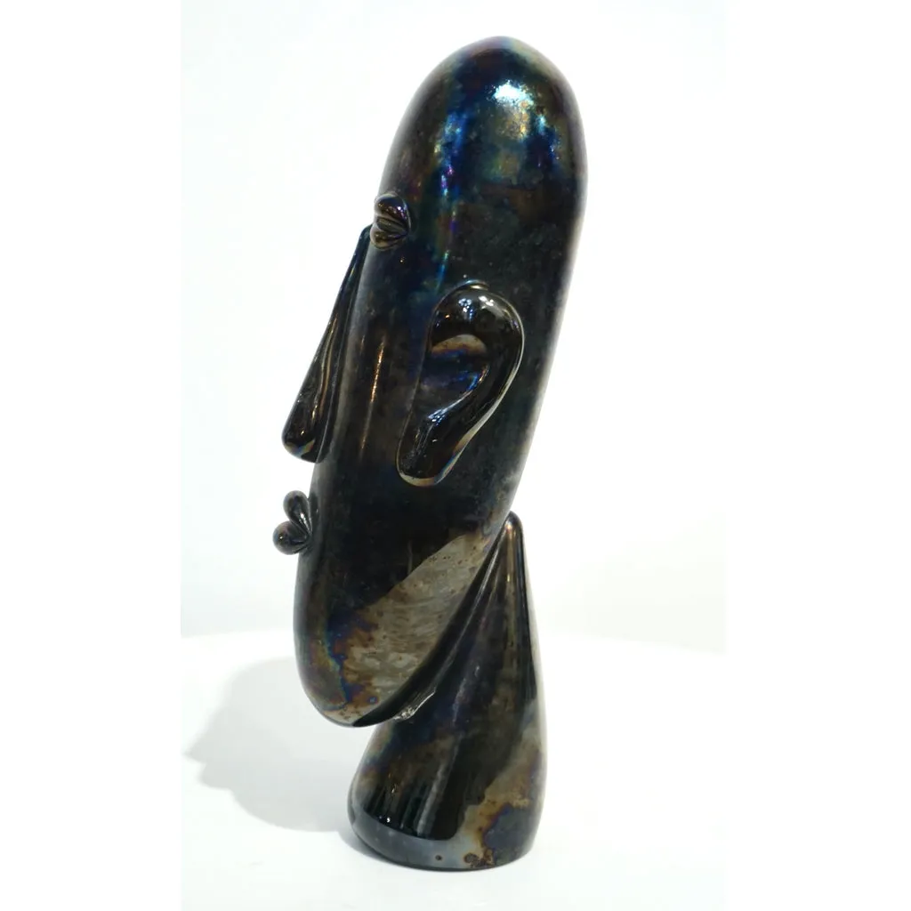 Italian Modernist Black Iridescent Murano Glass Sculpture in the Shape of a Head