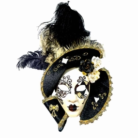 Italian Modern Venetian Handmade White Black and Gold Carnival Mask with Fabric Hat Collar and Feathers 
