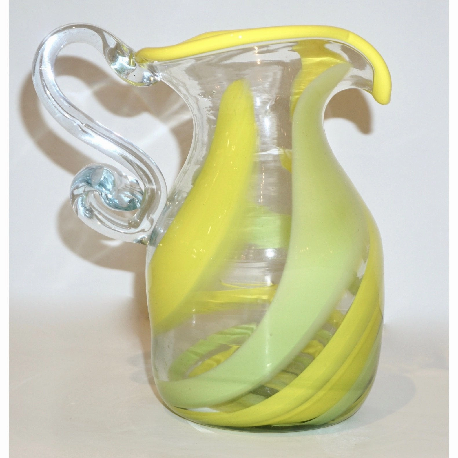 Italian Murano Glass Modern Pitcher Jug with Yellow Lime Green Filigrana