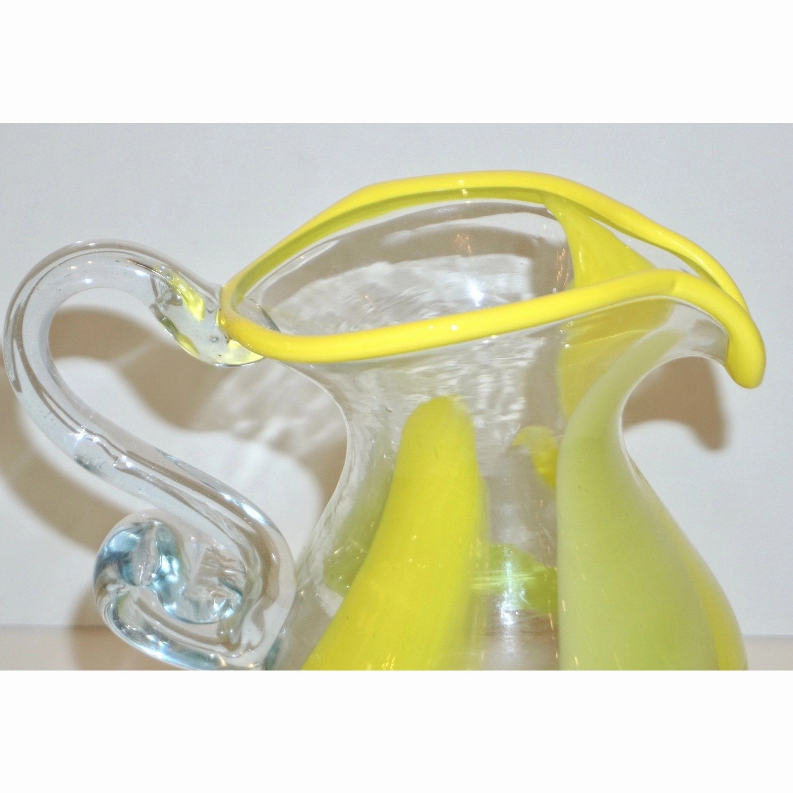 Italian Murano Glass Modern Pitcher Jug with Yellow Lime Green Filigrana