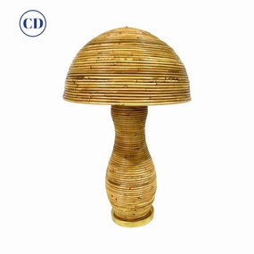 Italian Organic Modern Contemporary Brass Rattan Tall Mushroom Table/Floor Lamp 