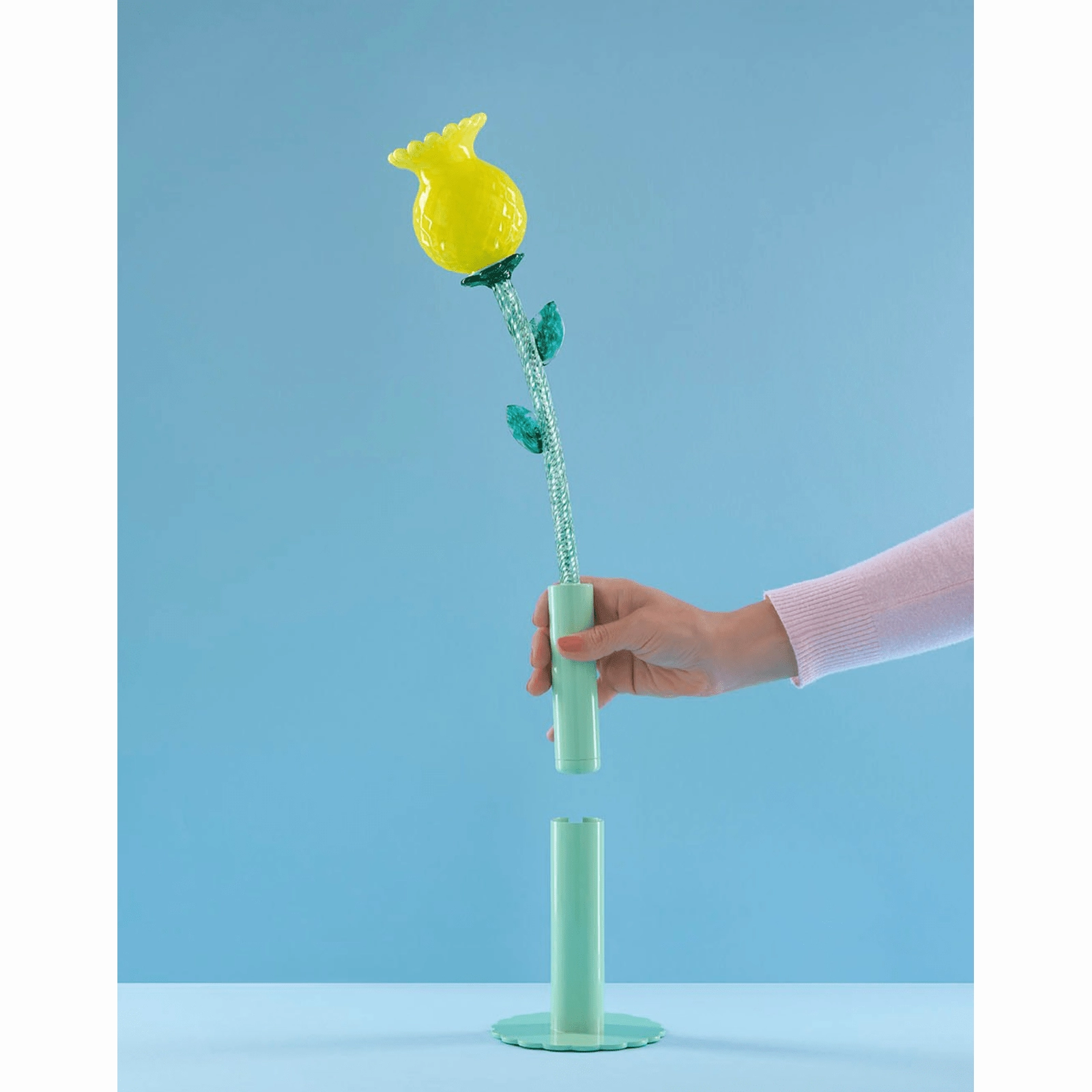 Italian Organic Modern Turquoise Blue Art Glass Lit Flower White Vase/Table Lamp