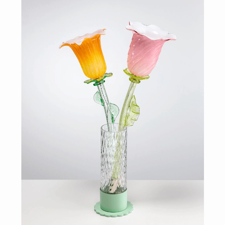 Italian Organic Modern Turquoise Blue Art Glass Lit Flower White Vase/Table Lamp