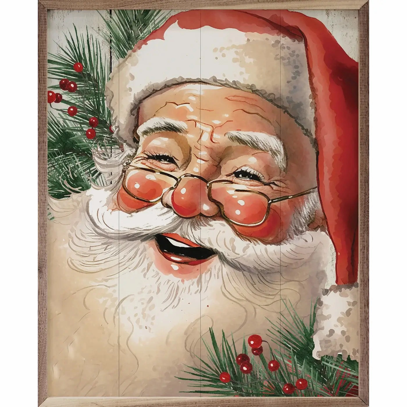 Jolly Red Hat Santa With Glasses Wood Framed Print 