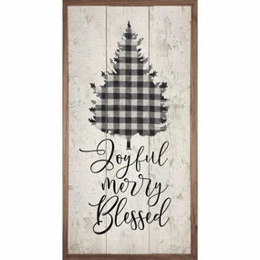 Joyful Merry Blessed Plaid Pine Tree Wood Framed Print 
