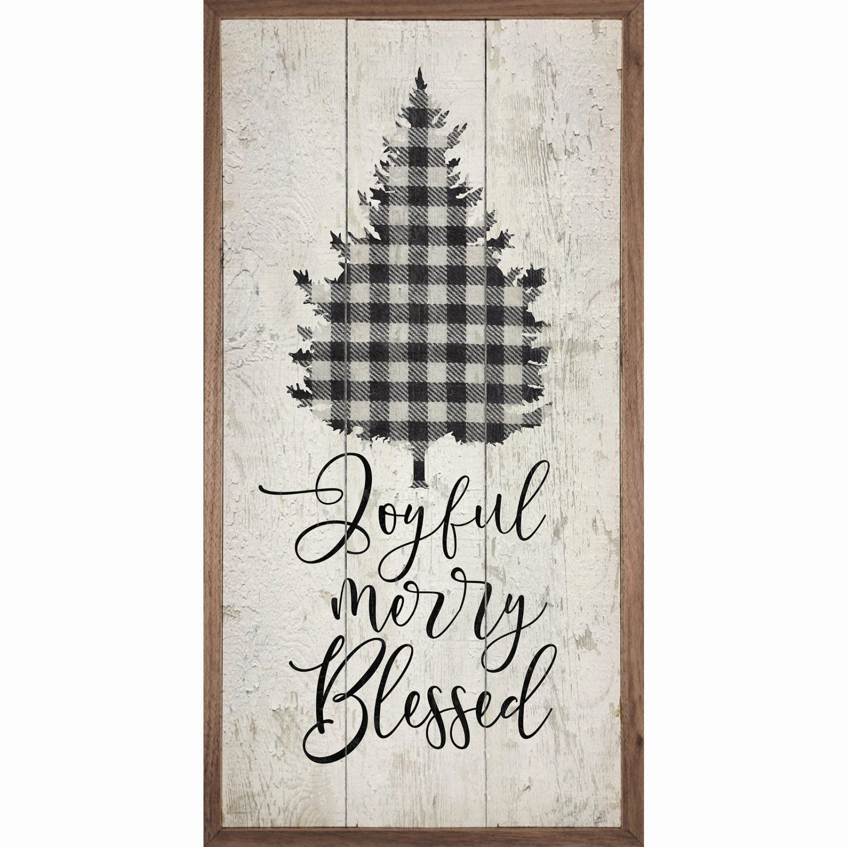 Joyful Merry Blessed Plaid Pine Tree Wood Framed Print 