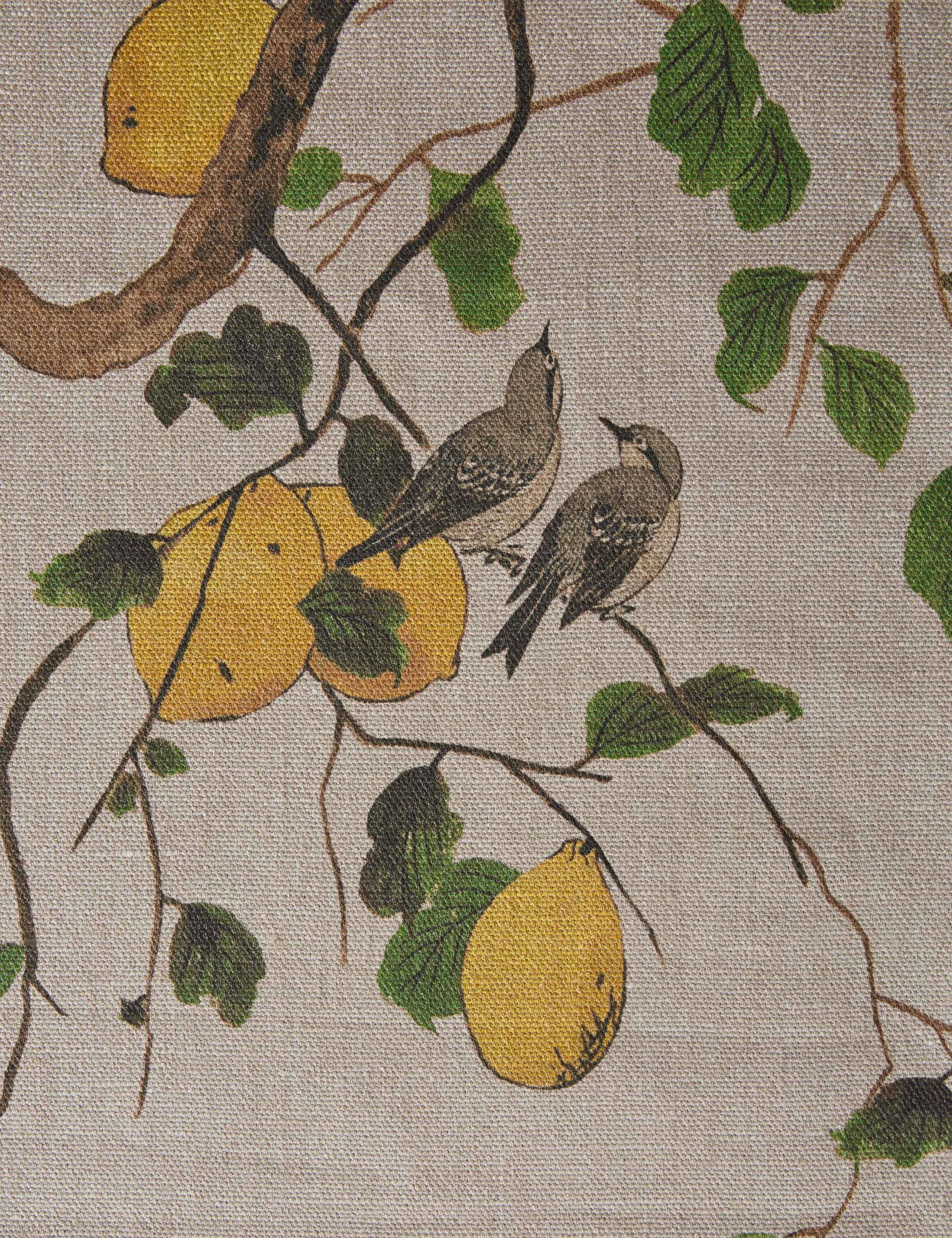 Lemon Birds Flax Linen Fabric by Nathan Turner