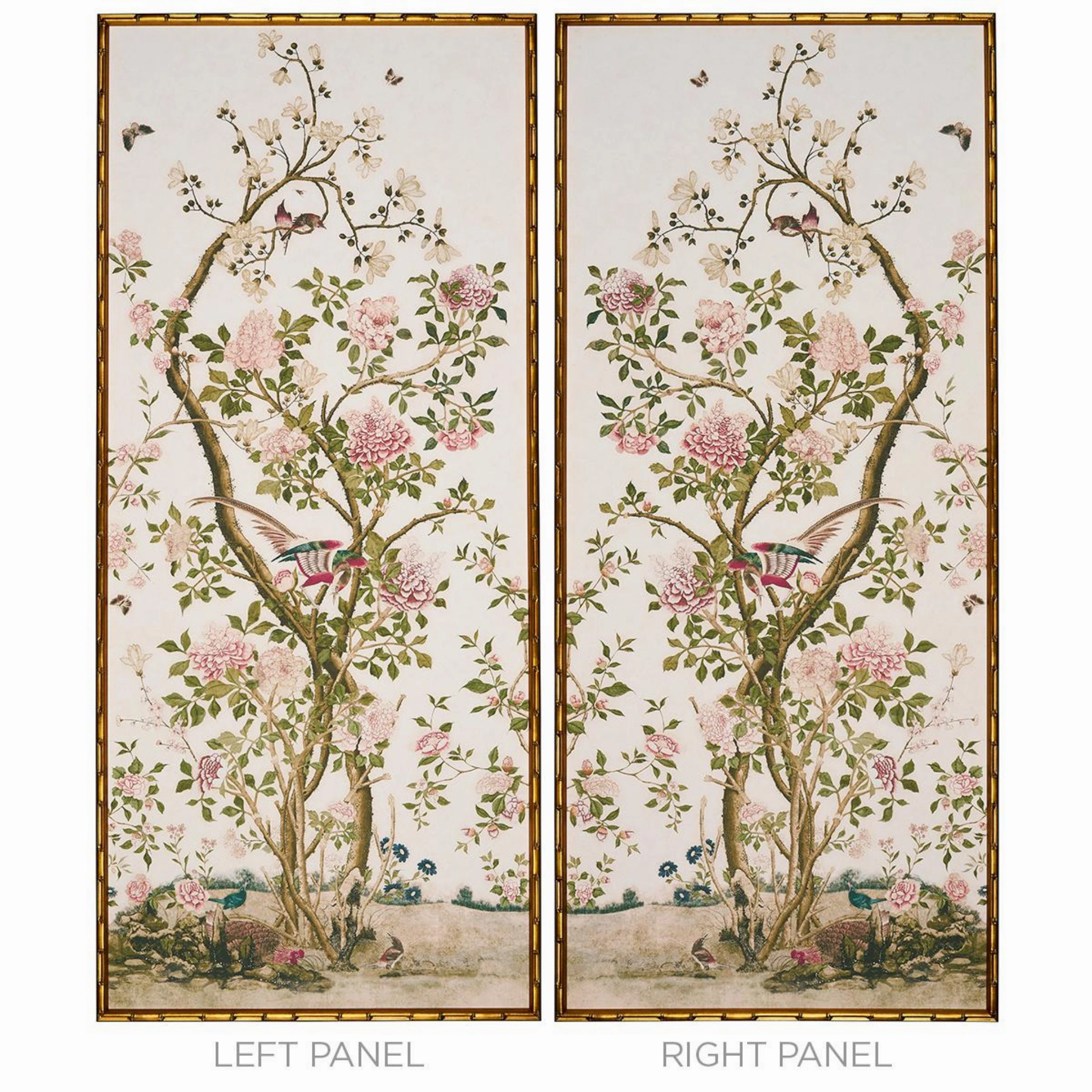 Les Oiseaux Flowering Peony Trees Left Art Panel