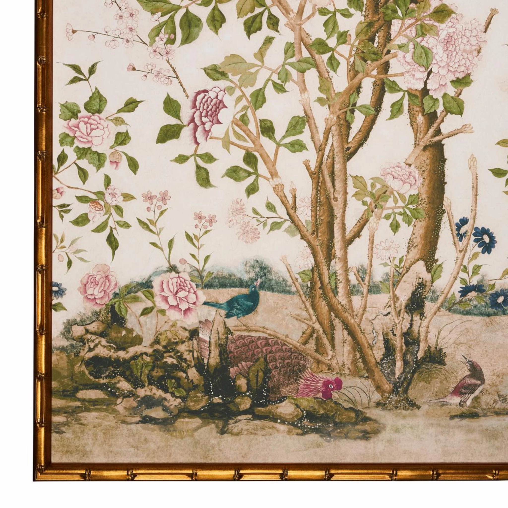 Les Oiseaux Flowering Peony Trees Left Art Panel