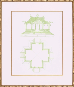Lime Green Pagoda Design II Lithograph in Gold Frame 