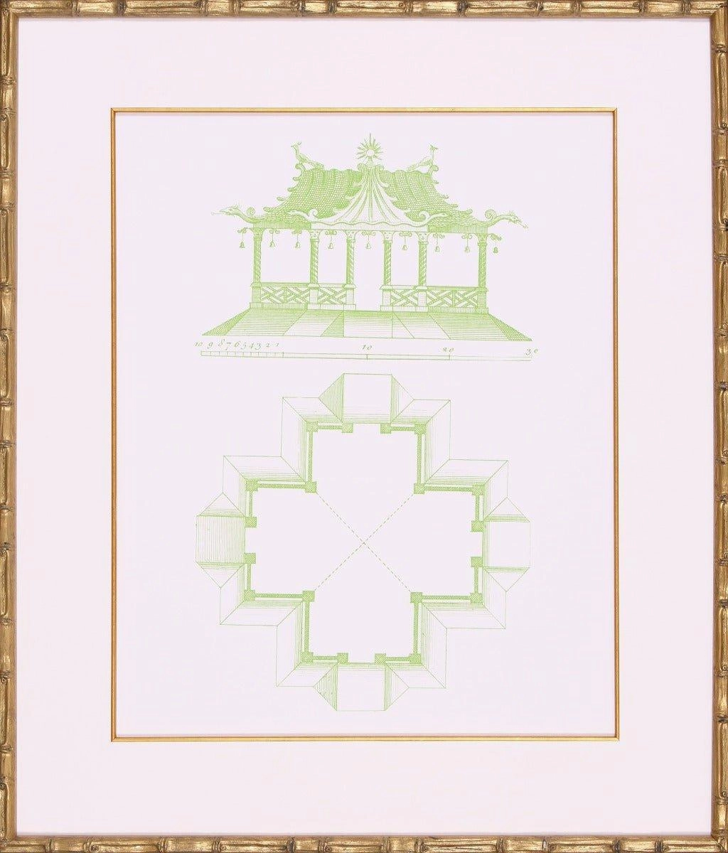 Lime Green Pagoda Design II Lithograph in Gold Frame 