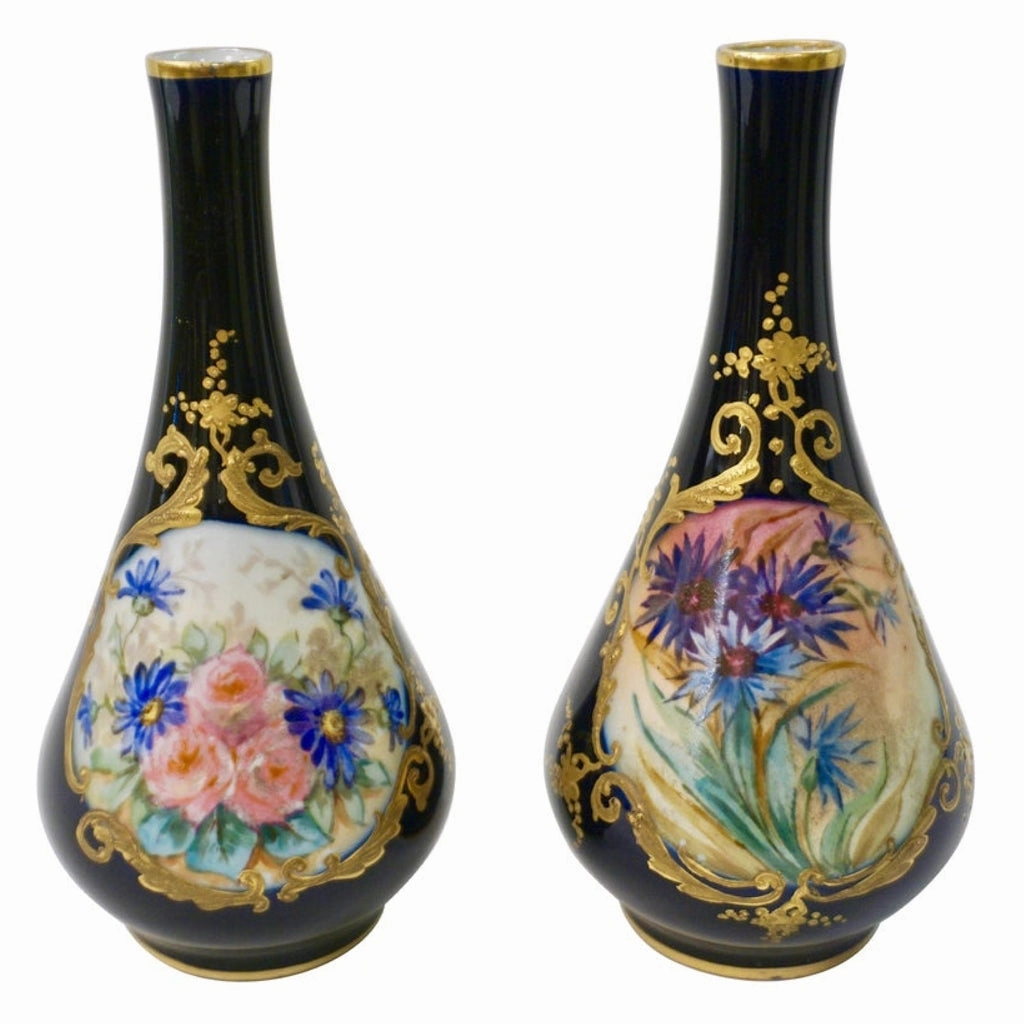 Limoges Porcelain 1930s Vintage French Pair of Cobalt Blue One Flower Vases 