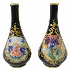 Limoges Porcelain 1930s Vintage French Pair of Cobalt Blue One Flower Vases 