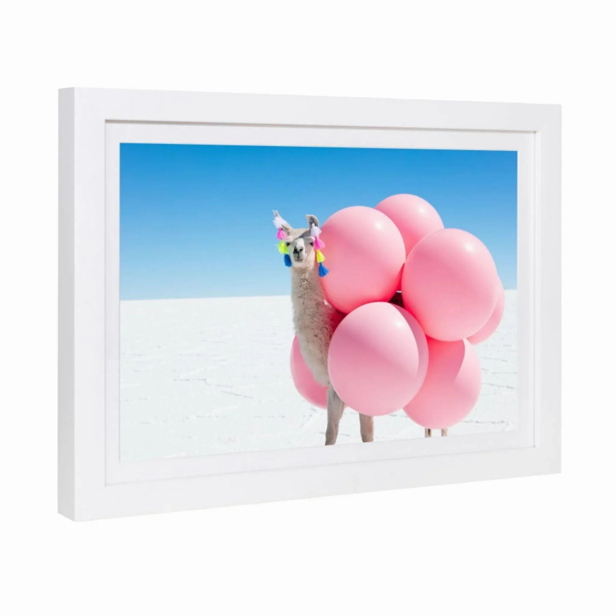 Llama with Pink Balloons and Tassels Mini Framed Print by Gray Malin