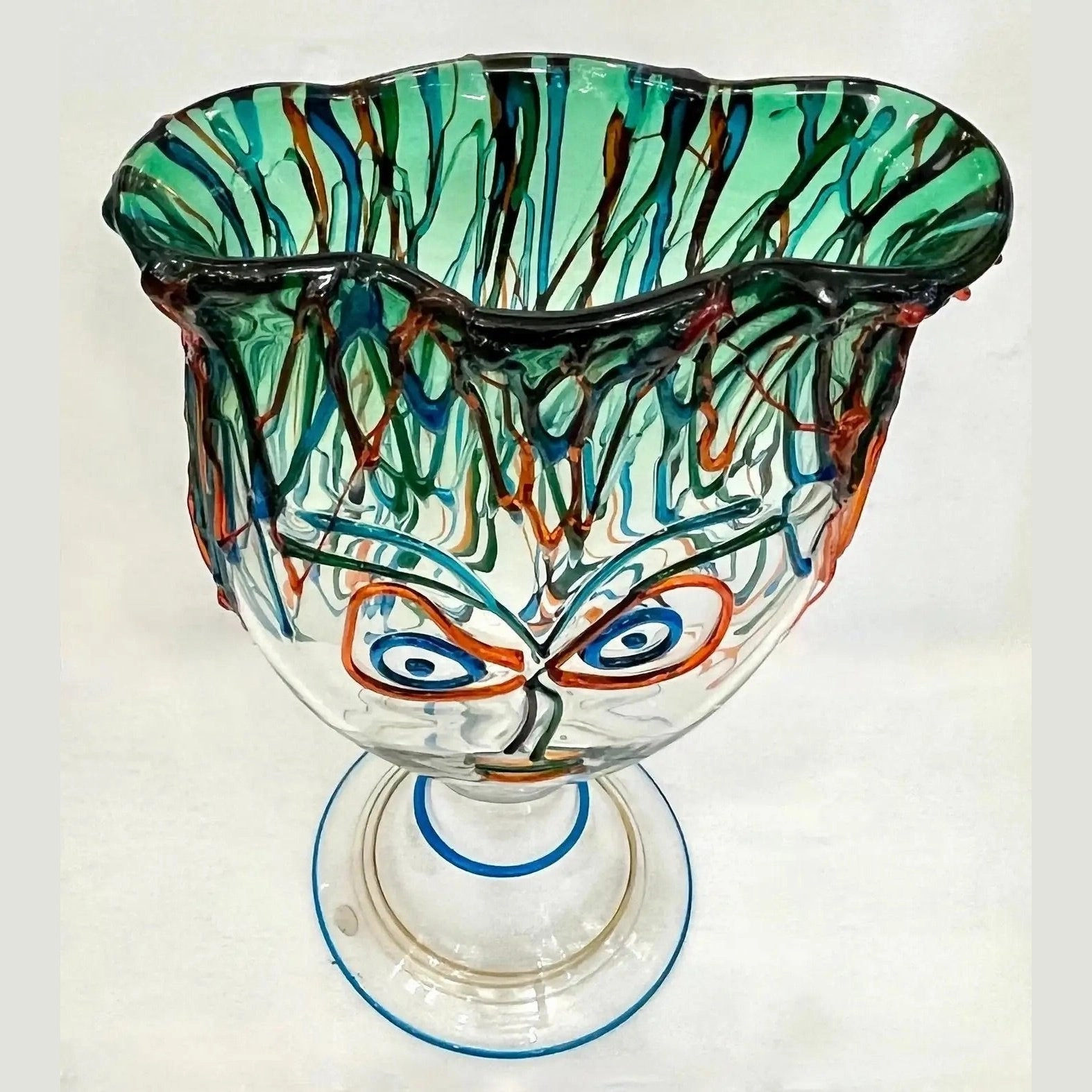Luigi Mellara Picasso Homage Italian Green Blu Murano Glass Face Vase Sculpture