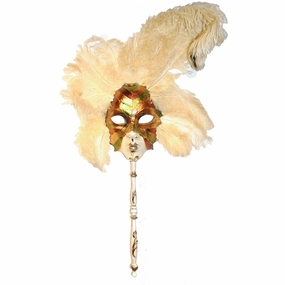 Metallic Green Gold and Orange Venetian Handmade Folk Art Carnival Mask with Feathers 