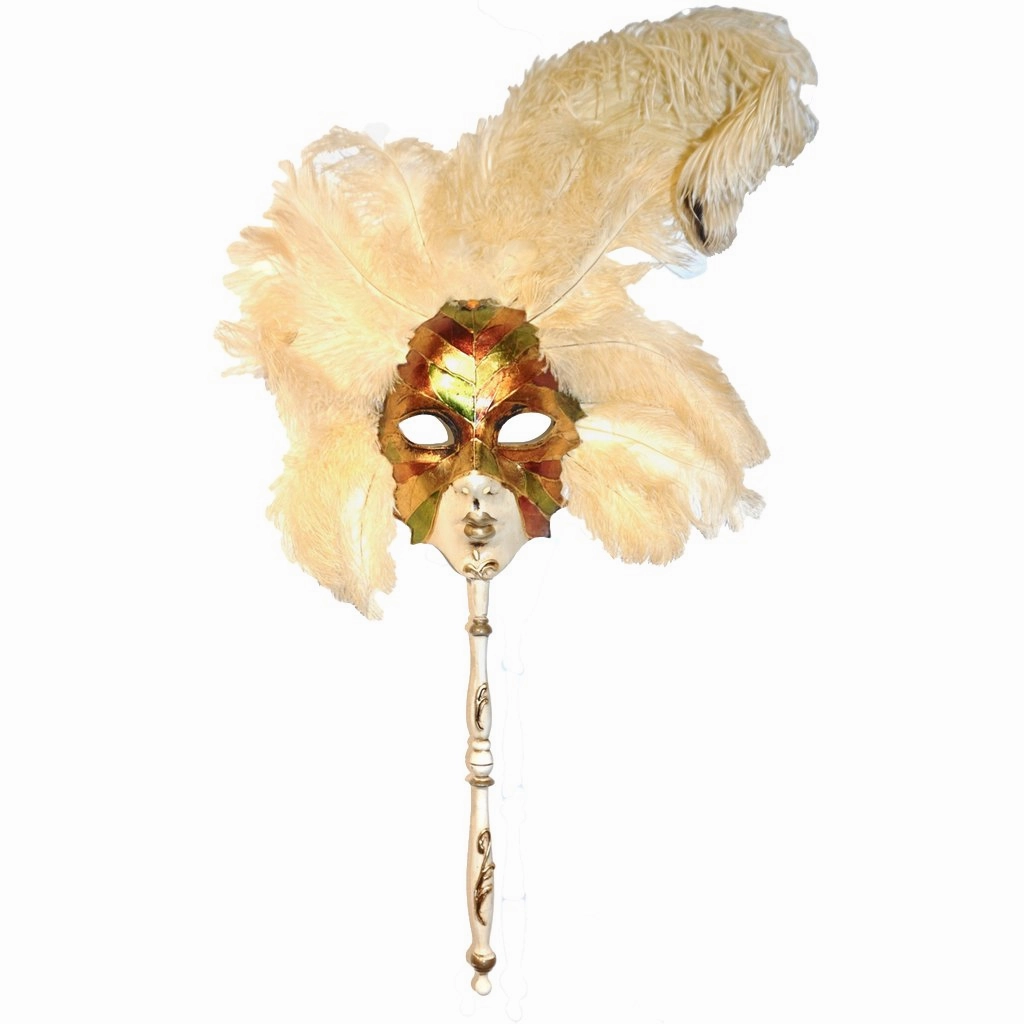 Metallic Green Gold and Orange Venetian Handmade Folk Art Carnival Mask with Feathers 