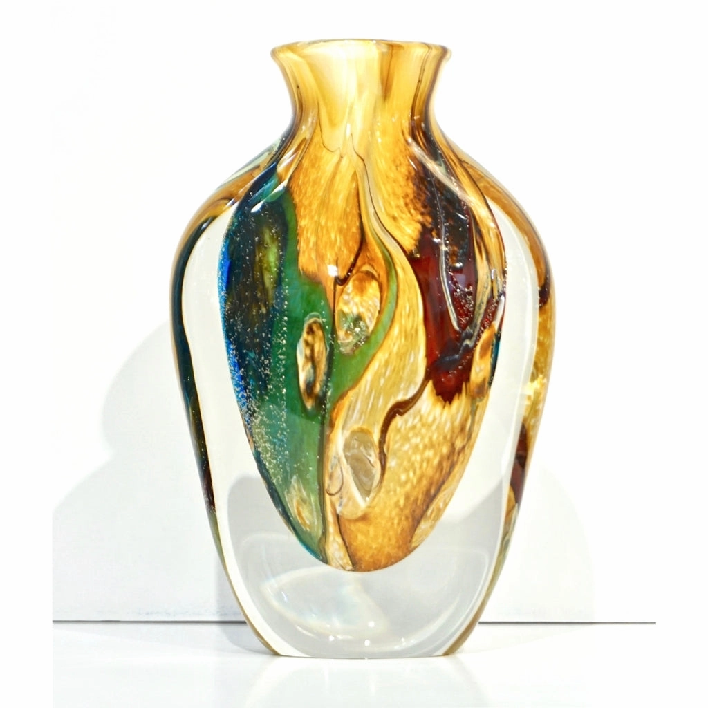 Michele Onesto 1990s Green Yellow Blue Silver Overlaid Crystal Murano Glass Vase 