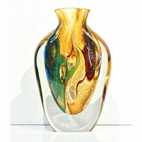 Michele Onesto 1990s Green Yellow Blue Silver Overlaid Crystal Murano Glass Vase 