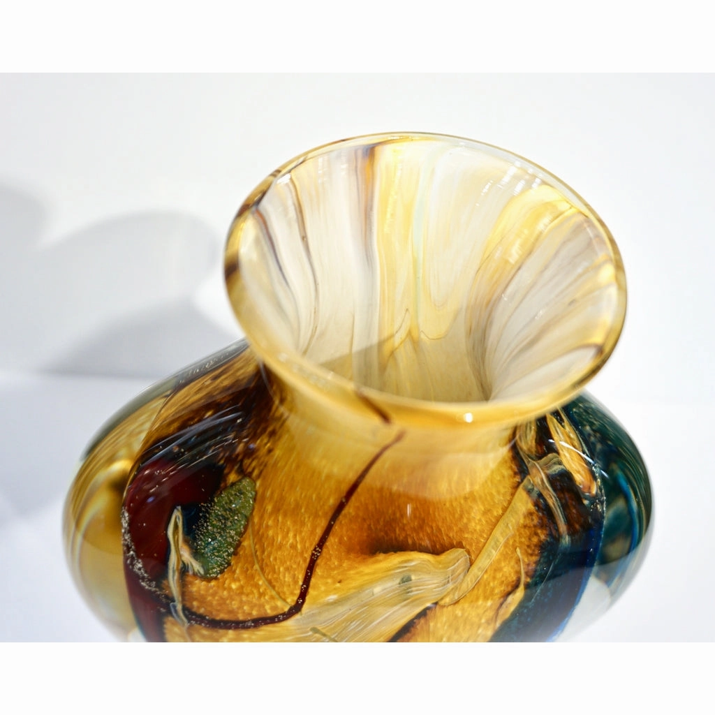 Michele Onesto 1990s Green Yellow Blue Silver Overlaid Crystal Murano Glass Vase