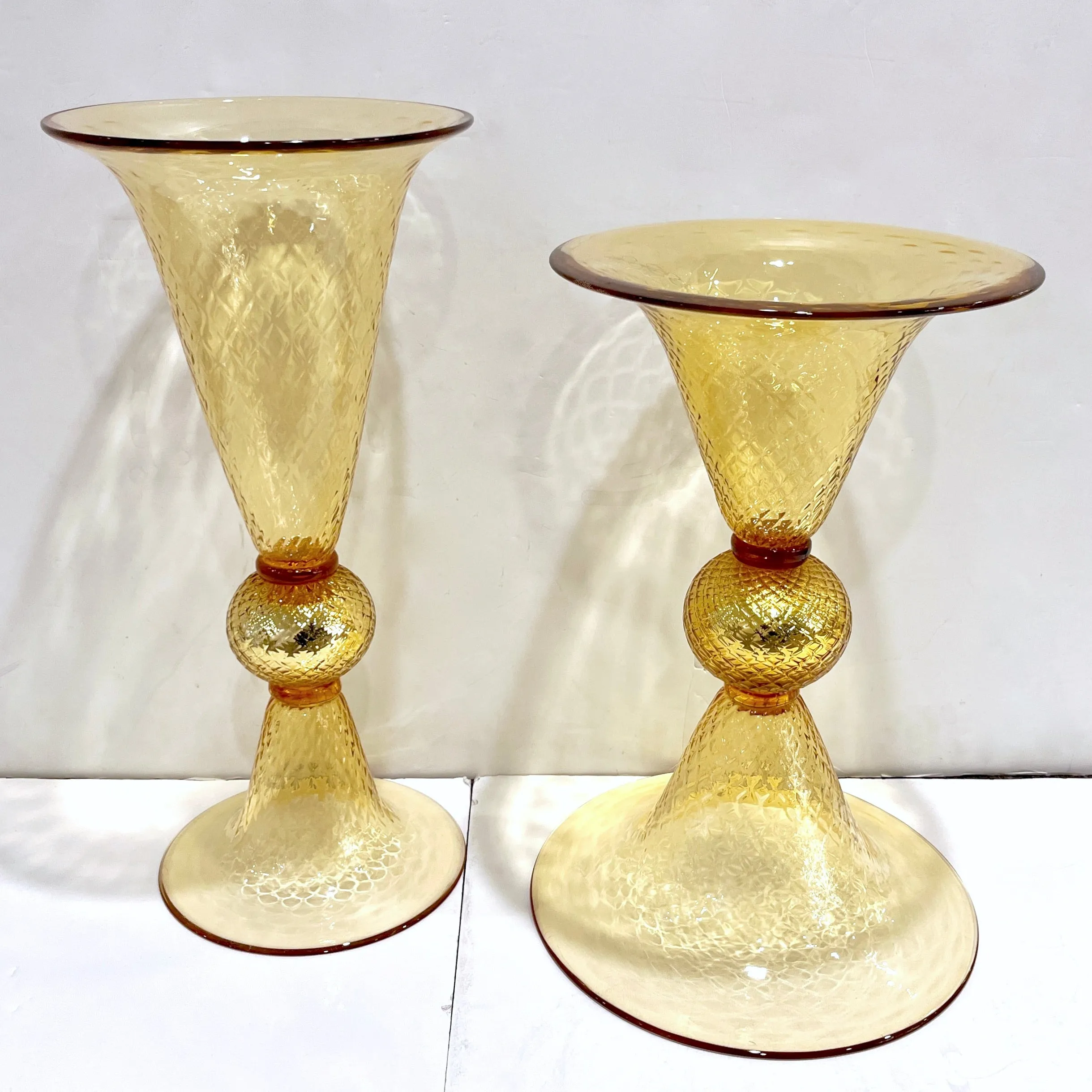 Modern Italian Gold Honeycomb Murano Glass Round Conical Hourglass Double Vase