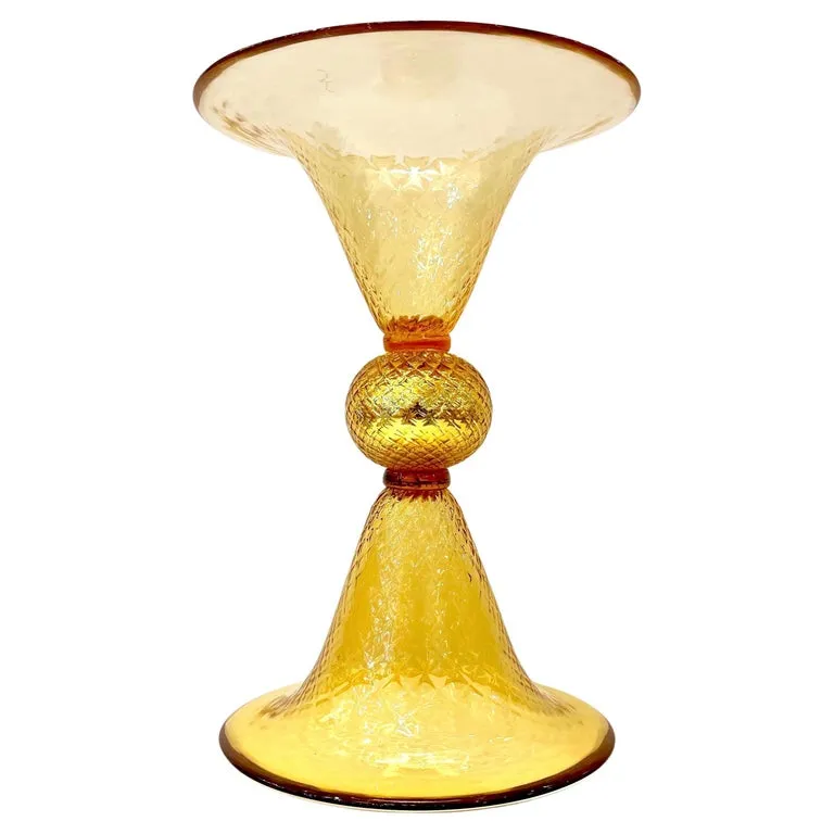 Modern Italian Gold Honeycomb Murano Glass Round Conical Hourglass Double Vase 