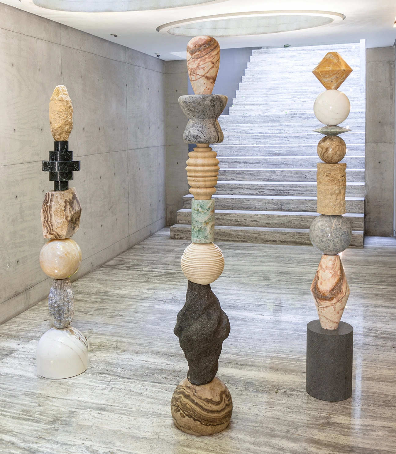 Modern Geometric Blue Calcite Golden Marble Pink Onyx Lava Stone Travertine Jewel Like Totem