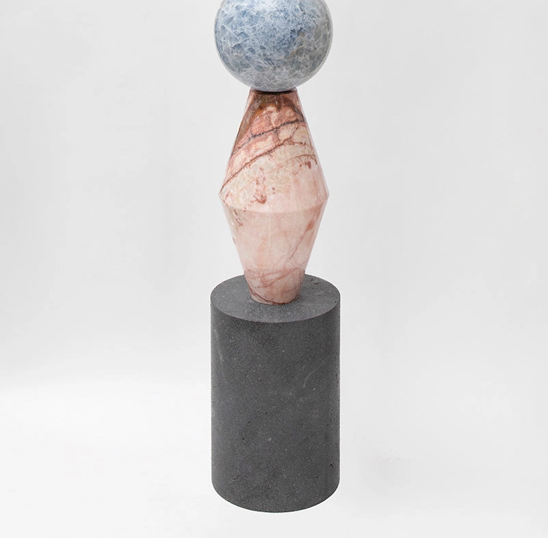 Modern Geometric Blue Calcite Golden Marble Pink Onyx Lava Stone Travertine Jewel Like Totem