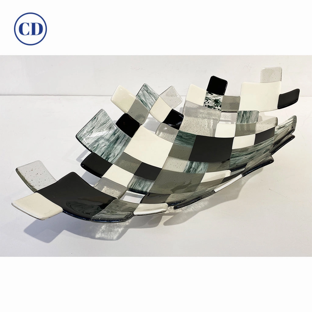 Modern Italian Art Deco Design Green Black White Smoked Art Glass Mosaic Bowl 