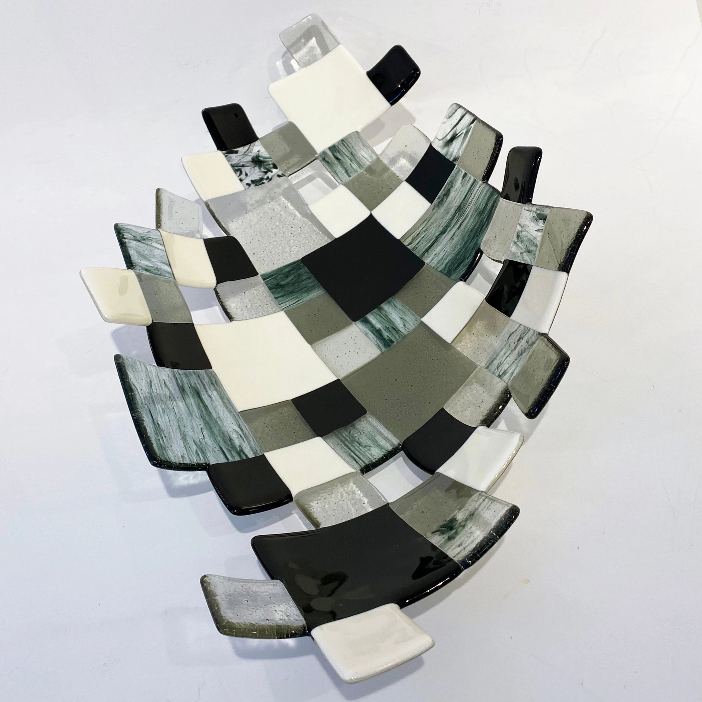 Modern Italian Art Deco Design Green Black White Smoked Art Glass Mosaic Bowl